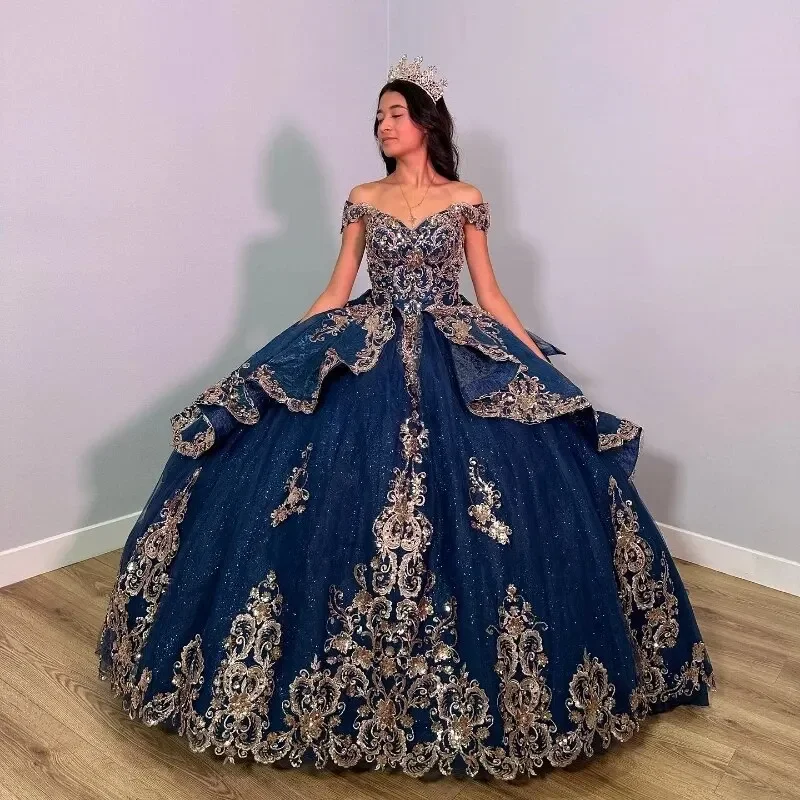 Navy Blue Shiny Quinceanera Dresses With Gold Appliques Lace Beads Lace-Up Sleeveless Corset Prom Sweet 16 Vestido De 15Anos Navy Blue Shiny Quinceanera Dresses With Gold Appliques Lace Beads Lace-Up Sleeveless Corset Prom Sweet 16 Vestido De 15Anos