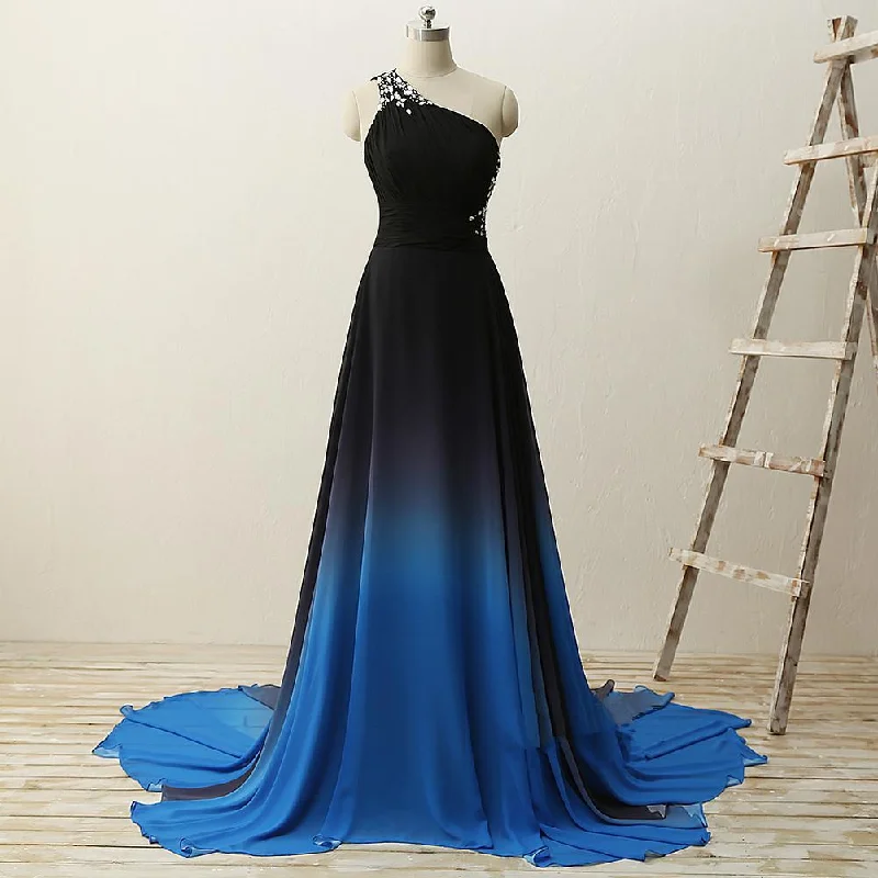 One Shoulder Beaded Chiffon Gradient Long Party Dress, Blue Formal Dress, Prom Dress cg16746 One Shoulder Beaded Chiffon Gradient Long Party Dress, Blue Formal Dress, Prom Dress cg16746