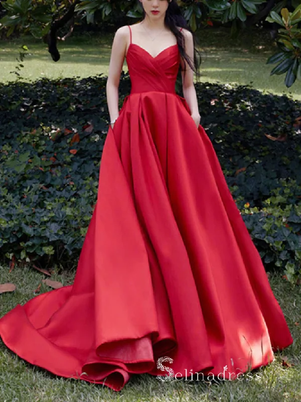Chic A-line Spaghetti Straps Red Simple Long Prom Dresses Satin Evening Dresses MLH1225 Chic A-line Spaghetti Straps Red Simple Long Prom Dresses Satin Evening Dresses MLH1225