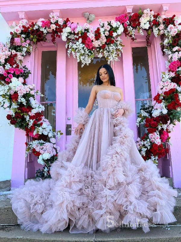 Chic A-line Strapless Dusty Pink Long Prom Dresses Tulle Evening Bridal Gowns MLK034 Chic A-line Strapless Dusty Pink Long Prom Dresses Tulle Evening Bridal Gowns MLK034
