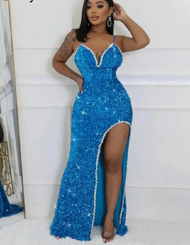 Sexy Sequined Wedding Even Spaghestti Strap V-neck High Side Split Mermaid Maxi Dress for Women Birthday Party Vestidos Sexy Sequined Wedding Even Spaghestti Strap V-neck High Side Split Mermaid Maxi Dress for Women Birthday Party Vestidos