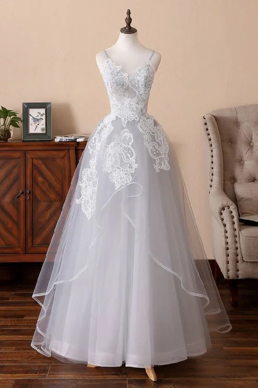 Light Gray Tulle Spaghetti Straps Long A Line Sweet 16 Prom Dress    cg16702