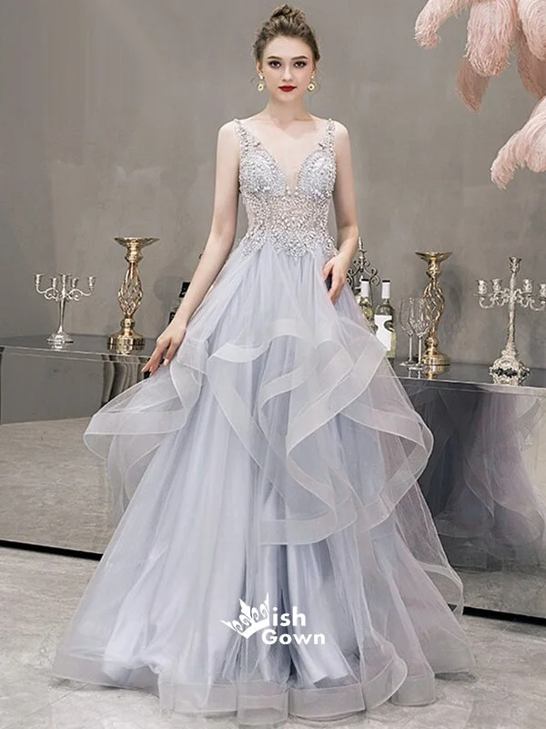 Pale Blue A-line Organza Beads Lace V-back See Through Top Long Evening Prom Dress, WGP102 Pale Blue A-line Organza Beads Lace V-back See Through Top Long Evening Prom Dress, WGP102