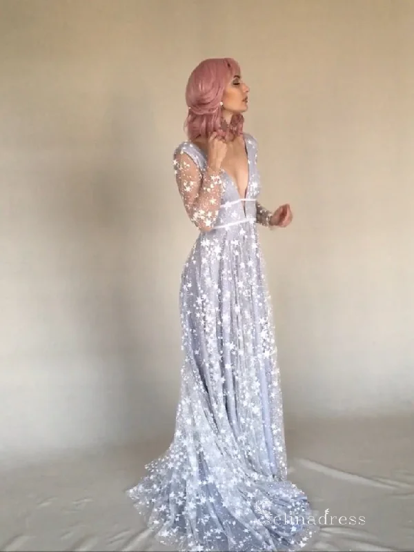Chic A-line V neck Silver Star Long Sleeve Prom Dress Sparkly Long Evening Gowns MLH0468 Chic A-line V neck Silver Star Long Sleeve Prom Dress Sparkly Long Evening Gowns MLH0468