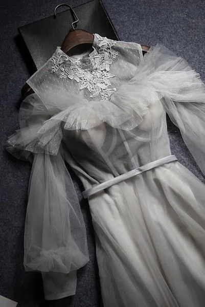Gray Tulle Lace High Neck Long Senior Prom Dress, Gray Formal Dress With Sleeve cg16696 Gray Tulle Lace High Neck Long Senior Prom Dress, Gray Formal Dress With Sleeve cg16696