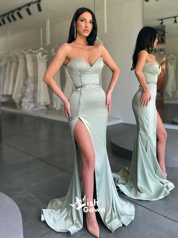 Sage Green Strapless Button Side Split Mermaid Long Evening Gowns Prom Dresses , WGP126 Sage Green Strapless Button Side Split Mermaid Long Evening Gowns Prom Dresses , WGP126