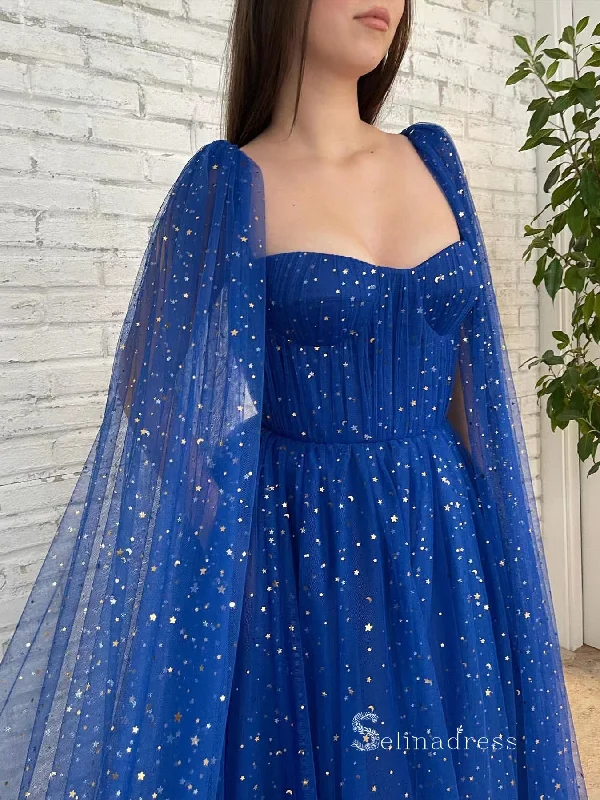Chic A-line Blue Long Prom Dresses Unique Long Evening Gowns MLK019