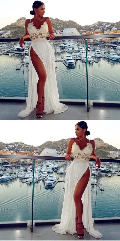 Spaghetti Straps Sleeveless Backless Front Split White Chiffon Prom Dress    cg16892