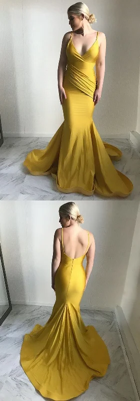 Yellow Backless Spaghetti Straps Bodycon Mermaid Simple Prom Dress Formal Gown cg16712 Yellow Backless Spaghetti Straps Bodycon Mermaid Simple Prom Dress Formal Gown cg16712