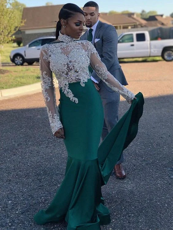 Trumpet/Mermaid Long Sleeves High Neck Sweep/Brush Train Applique Satin Dresses Prom Dress cg16871 Trumpet/Mermaid Long Sleeves High Neck Sweep/Brush Train Applique Satin Dresses Prom Dress cg16871