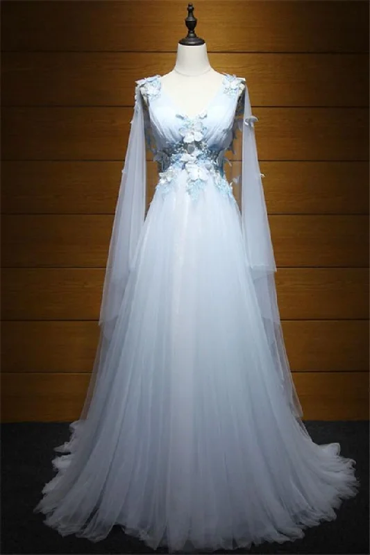 Light Blue Princess V Neck Low Back Tulle Prom Dress, Blue Evening Dress Party Dress cg16640 Light Blue Princess V Neck Low Back Tulle Prom Dress, Blue Evening Dress Party Dress cg16640