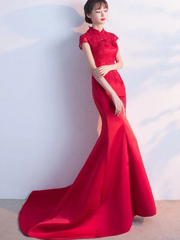 Wine Red Brush Train Qipao / Cheongsam Formal Dress with Lace Back