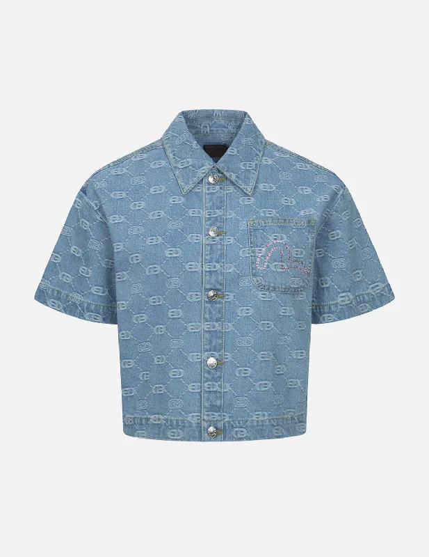 Allover Logo Jacquard and Rhinestone Seagull Fashion Fit Denim Shirt Solid Print Embellished Allover Logo Jacquard and Rhinestone Seagull Fashion Fit Denim Shirt Solid Print Embellished