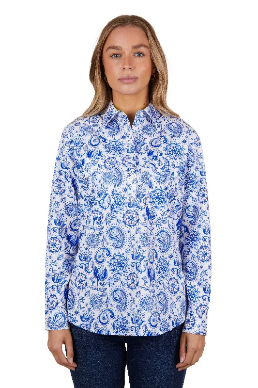 Hard Slog Ladies Natalie Half Placket L/S Shirt - Blue/White Paisley - H4S2101051 Chenille Brocade Lace Hard Slog Ladies Natalie Half Placket L/S Shirt - Blue/White Paisley - H4S2101051 Chenille Brocade Lace