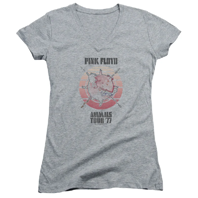 Pink Floyd Animals Tour 77 Junior's 30/1 100% Cotton Cap-Sleeve Sheer V-Neck T-Shirt Welt Pockets Slit Pockets Pink Floyd Animals Tour 77 Junior's 30/1 100% Cotton Cap-Sleeve Sheer V-Neck T-Shirt Welt Pockets Slit Pockets