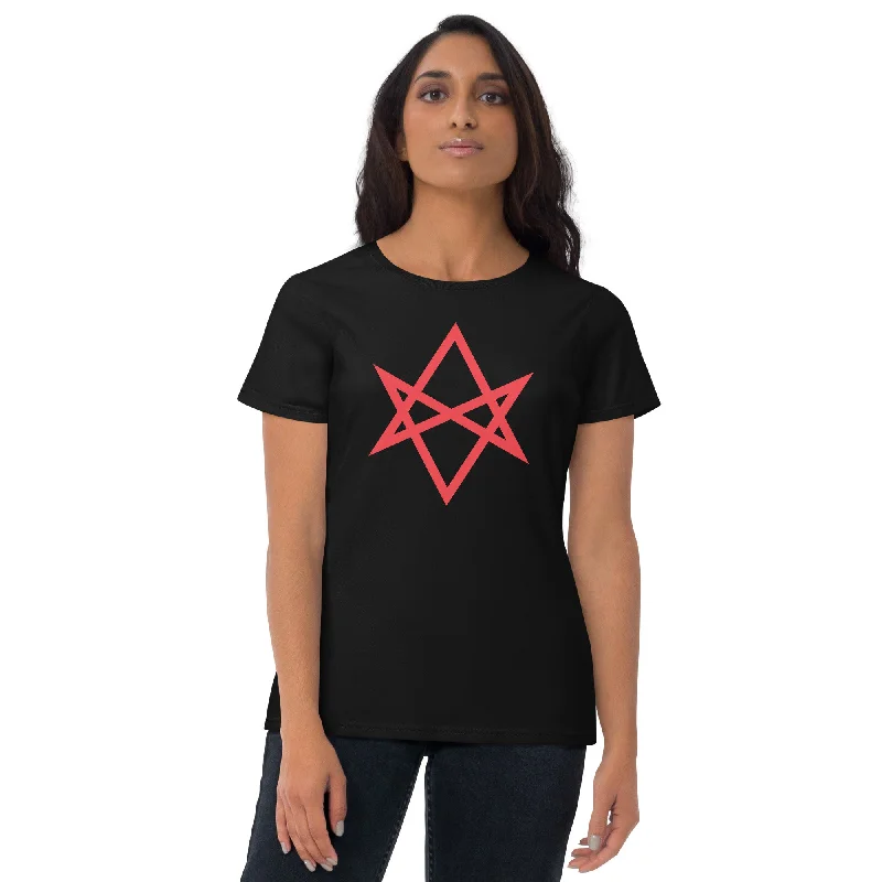 Red Unicursal Hexagram Six Pointed Star Women's Short Sleeve Babydoll T-shirt Zippered Front Buttoned Front Snap Front Red Unicursal Hexagram Six Pointed Star Women's Short Sleeve Babydoll T-shirt Zippered Front Buttoned Front Snap Front