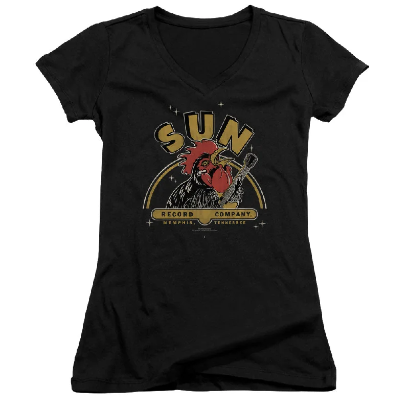 Sun Records Rocking Rooster Junior's 30/1 100% Cotton Cap-Sleeve Sheer V-Neck T-Shirt Front Pockets Side Pockets Patch Pockets Sun Records Rocking Rooster Junior's 30/1 100% Cotton Cap-Sleeve Sheer V-Neck T-Shirt Front Pockets Side Pockets Patch Pockets