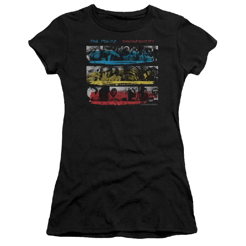 The Police Syncronicity Junior's 30/1 100% Cotton Cap-Sleeve Sheer T-Shirt Chenille Brocade Lace The Police Syncronicity Junior's 30/1 100% Cotton Cap-Sleeve Sheer T-Shirt Chenille Brocade Lace