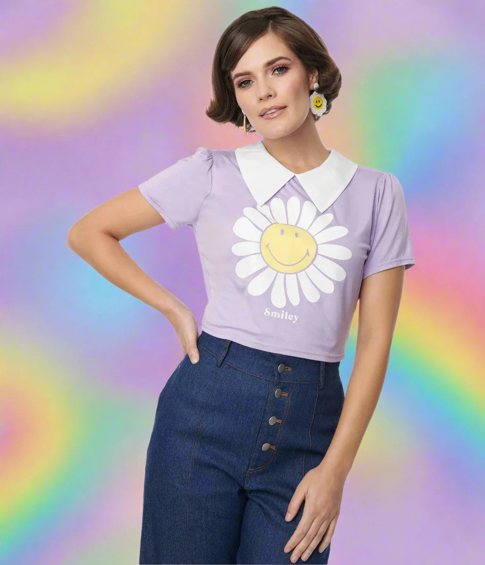 Unique Vintage x Smiley® Purple Flower Tee Top Terry Blend Velvet Blend Canvas Blend Unique Vintage x Smiley® Purple Flower Tee Top Terry Blend Velvet Blend Canvas Blend