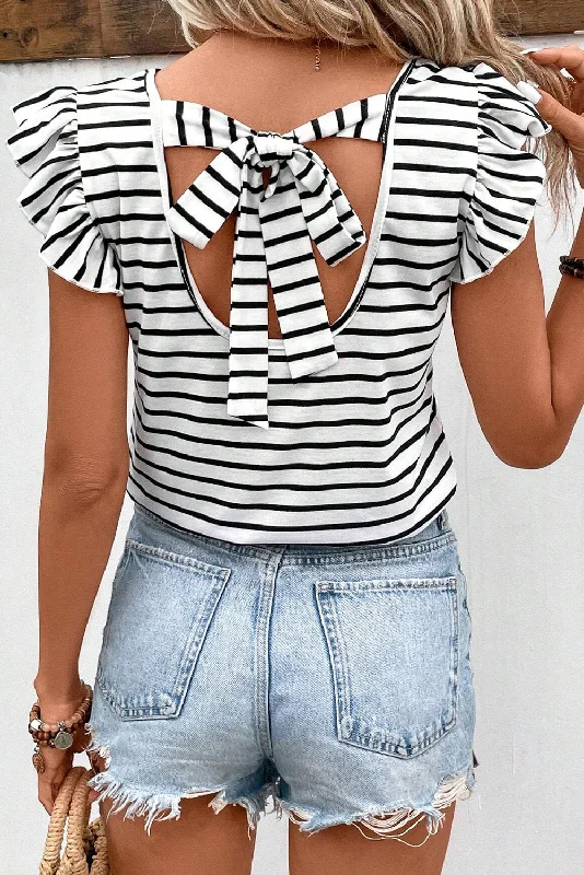 White Stripe Butterfly Sleeve V Neck Hollowed Knot Back T Shirt Zippered Front Buttoned Front Snap Front White Stripe Butterfly Sleeve V Neck Hollowed Knot Back T Shirt Zippered Front Buttoned Front Snap Front