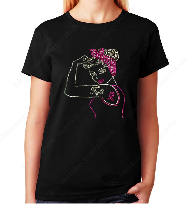 Women's / Unisex T-Shirt with Fight Cancer Pin-up Ribbon in Rhinestones Spandex Blend Rayon Blend Denim Blend Women's / Unisex T-Shirt with Fight Cancer Pin-up Ribbon in Rhinestones Spandex Blend Rayon Blend Denim Blend