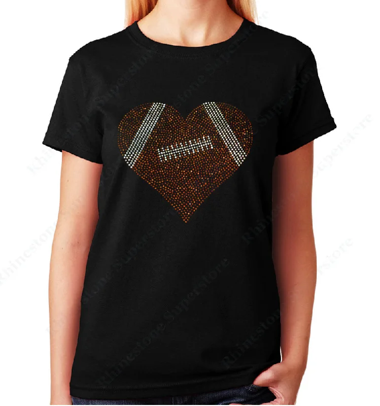 Women's / Unisex T-Shirt with Football Heart in Rhinestones Zippered Buttoned Snapped Women's / Unisex T-Shirt with Football Heart in Rhinestones Zippered Buttoned Snapped
